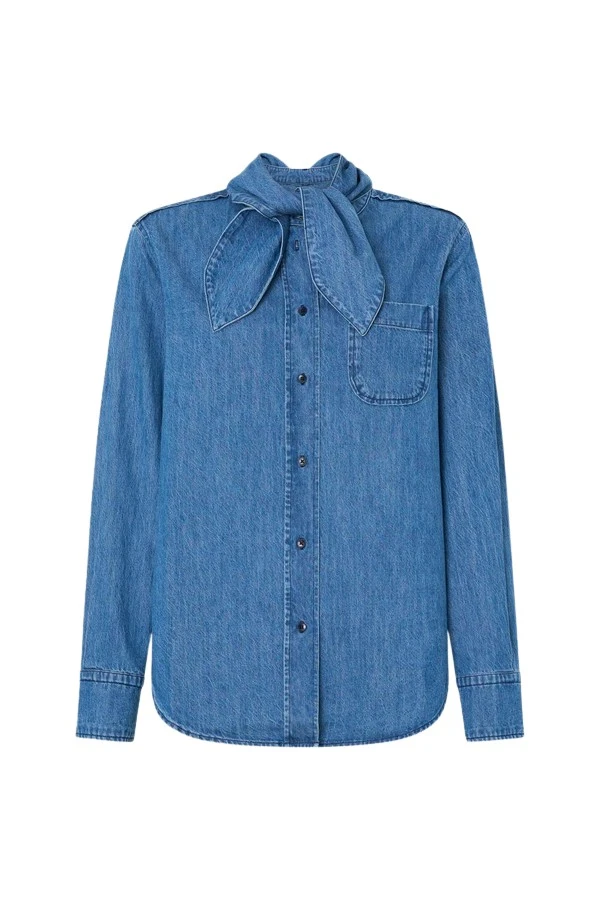 Oroton-Denim-Tie-Neck-Shirt64865_nobg Oroton Denim Tie Neck Shirt - Oroton Tops - Australian Heritage Luxury - Shop at Luxury Shoes