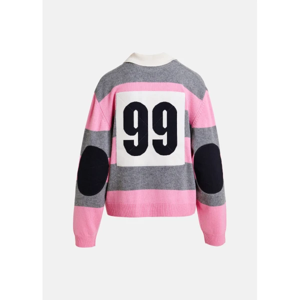 Essentiel Antwerp Pink and grey striped wool and cashmere blend polo with appliqué patch - Essentiel Antwerp Tops - Colorful Belgian Design - Shop at Luxury Shoes 