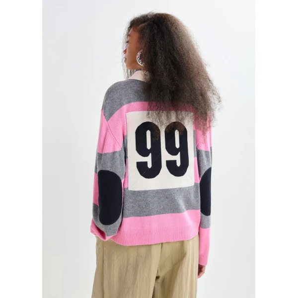 Essentiel Antwerp Pink and grey striped wool and cashmere blend polo with appliqué patch - Essentiel Antwerp Tops - Colorful Belgian Design - Shop at Luxury Shoes 