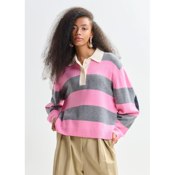 Essentiel Antwerp Pink and grey striped wool and cashmere blend polo with appliqué patch - Essentiel Antwerp Tops - Colorful Belgian Design - Shop at Luxury Shoes 