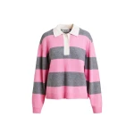 Essentiel Antwerp Pink and grey striped wool and cashmere blend polo with appliqué patch - Essentiel Antwerp Tops - Colorful Belgian Design - Shop at Luxury Shoes 