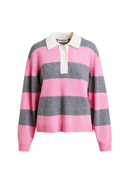 Essentiel Antwerp Pink and grey striped wool and cashmere blend polo with appliqué patch - Essentiel Antwerp Tops - Colorful Belgian Design - Shop at Luxury Shoes 