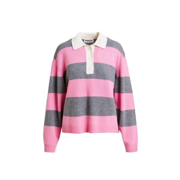 Essentiel Antwerp Pink and grey striped wool and cashmere blend polo with appliqué patch - Essentiel Antwerp Tops - Colorful Belgian Design - Shop at Luxury Shoes 