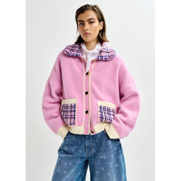 Essentiel Antwerp Pink and off-white textured cardigan with contrast blue and black tweed collar and patch pockets - Essentiel Antwerp Knitwear - Colorful Belgian Design - Shop at Luxury Shoes 
