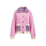 Essentiel Antwerp Pink and off-white textured cardigan with contrast blue and black tweed collar and patch pockets - Essentiel Antwerp Knitwear - Colorful Belgian Design - Shop at Luxury Shoes 