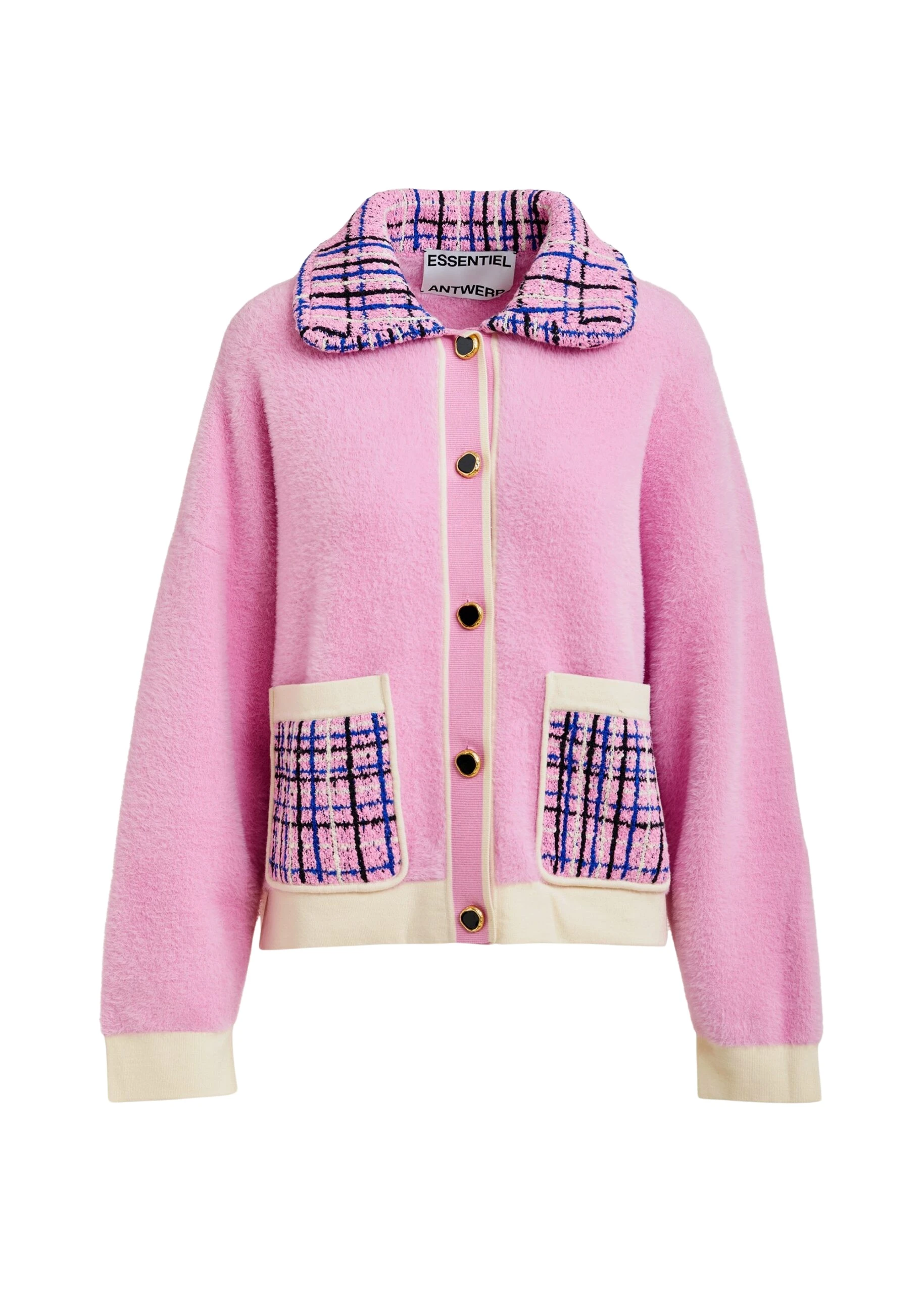 Pink-and-off-white-textured-cardigan-with-contrast-blue-and-black-tweed-collar-and-patch-pockets-Essentiel-Antwerp-Knitwear-scaled91817_nobg Essentiel Antwerp Pink and off-white textured cardigan with contrast blue and black tweed collar and patch pockets - Essentiel Antwerp Knitwear - Colorful Belgian Design - Shop at Luxury Shoes