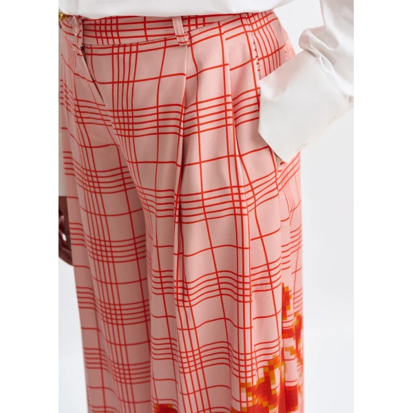 Essentiel Antwerp Pink and red checked wide-leg pants with placed print - Essentiel Antwerp Pants - Colorful Belgian Design - Shop at Luxury Shoes 