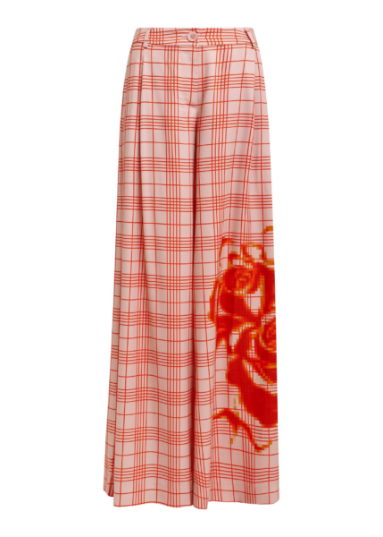 Essentiel Antwerp Pink and red checked wide-leg pants with placed print - Essentiel Antwerp Pants - Colorful Belgian Design - Shop at Luxury Shoes 