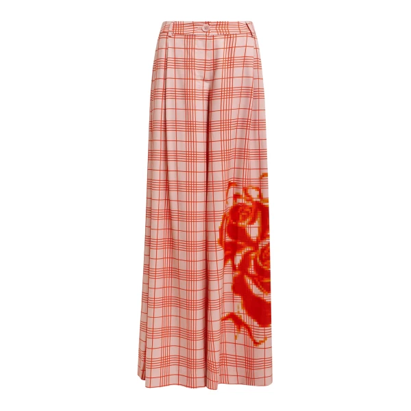 Essentiel Antwerp Pink and red checked wide-leg pants with placed print - Essentiel Antwerp Pants - Colorful Belgian Design - Shop at Luxury Shoes 