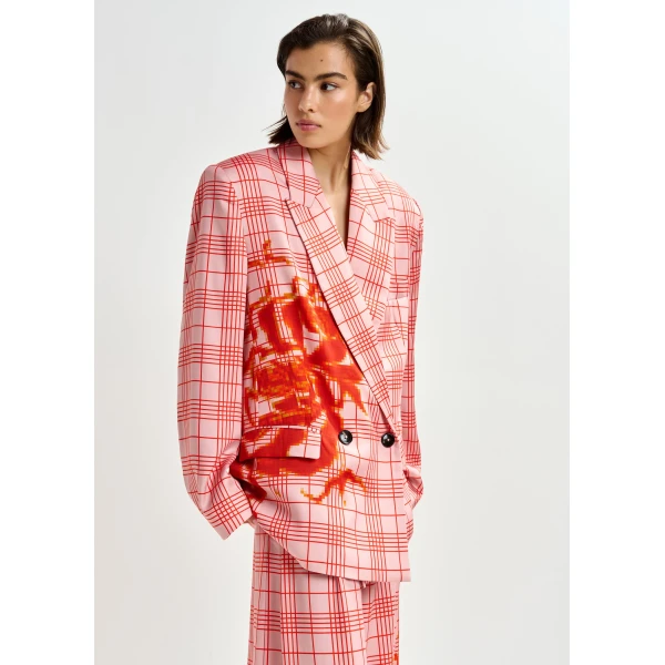 Essentiel Antwerp Pink and red double-breasted blazer with placed pixel print - Essentiel Antwerp Jackets - Colorful Belgian Design - Shop at Luxury Shoes 