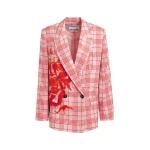 Essentiel Antwerp Pink and red double-breasted blazer with placed pixel print - Essentiel Antwerp Jackets - Colorful Belgian Design - Shop at Luxury Shoes 