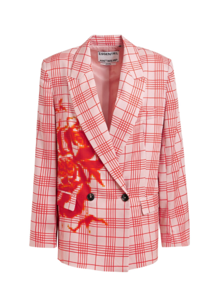 Essentiel Antwerp Pink and red double-breasted blazer with placed pixel print - Essentiel Antwerp Jackets - Colorful Belgian Design - Shop at Luxury Shoes 