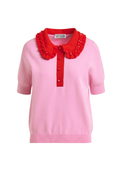 Essentiel Antwerp Pink and red ruffle fine-knit polo top with bead embellishments - Essentiel Antwerp Tops - Colorful Belgian Design - Shop at Luxury Shoes 
