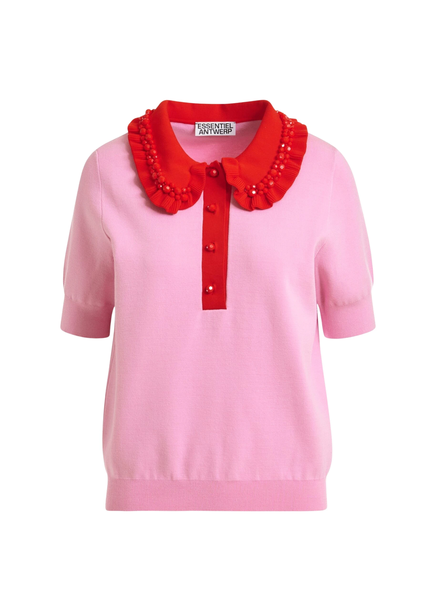Pink-and-red-ruffle-fine-knit-polo-top-with-bead-embellishments-Essentiel-Antwerp-Tops-scaled65966_nobg Essentiel Antwerp Pink and red ruffle fine-knit polo top with bead embellishments - Essentiel Antwerp Tops - Colorful Belgian Design - Shop at Luxury Shoes