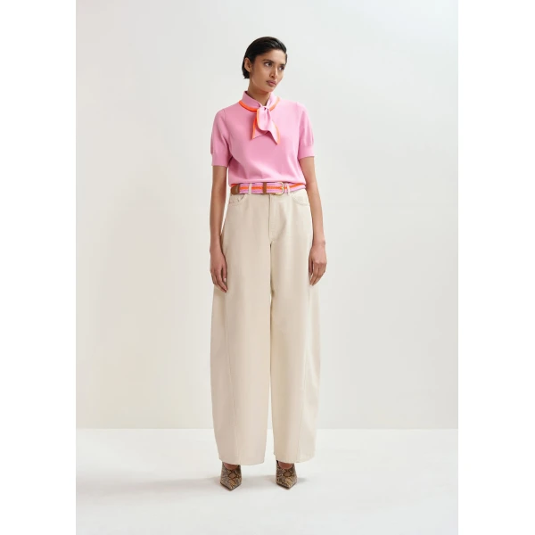 Essentiel Antwerp Pink fine-knit polo with orange scarf-like contrast collar - Essentiel Antwerp Tops - Colorful Belgian Design - Shop at Luxury Shoes 
