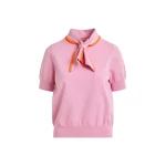 Essentiel Antwerp Pink fine-knit polo with orange scarf-like contrast collar - Essentiel Antwerp Tops - Colorful Belgian Design - Shop at Luxury Shoes 