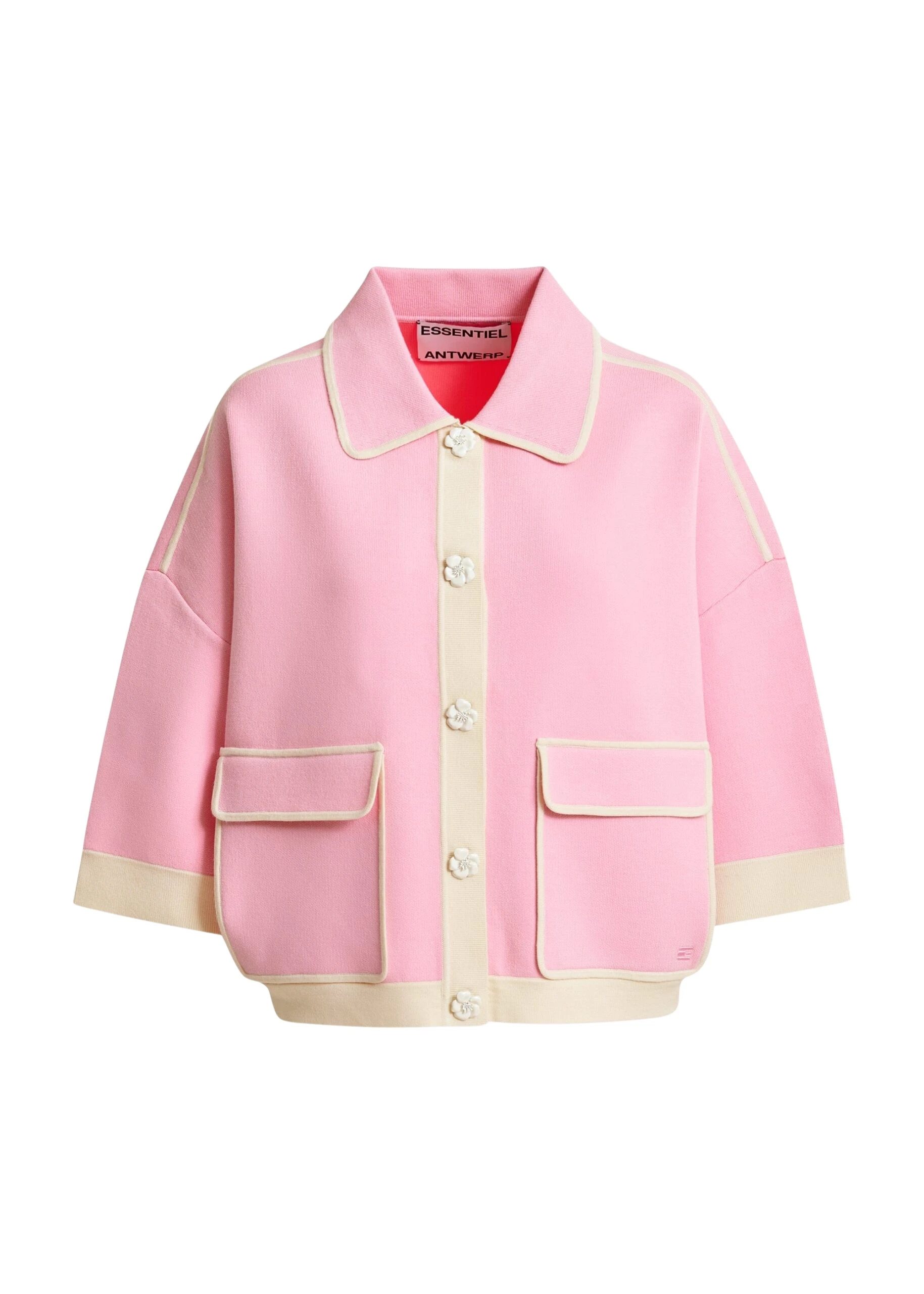 Pink-knit-cardigan-with-flower-buttons-and-off-white-contrasting-trims-Essentiel-Antwerp-Knitwear-scaled90090_nobg Essentiel Antwerp Pink knit cardigan with flower buttons and off-white contrasting trims - Essentiel Antwerp Knitwear - Colorful Belgian Design - Shop at Luxury Shoes