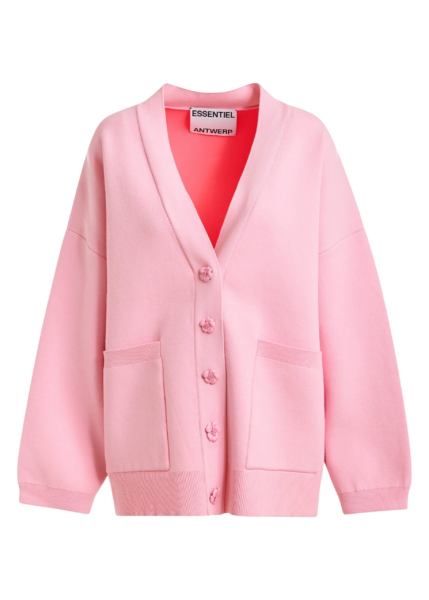 Essentiel Antwerp Pink knit cardigan with tonal flower buttons - Essentiel Antwerp Knitwear - Colorful Belgian Design - Shop at Luxury Shoes 