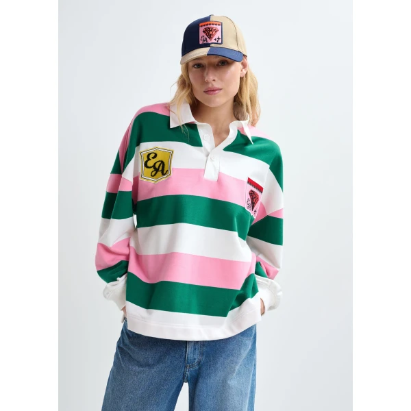 off-white and dark green striped cotton-blend polo with appliqué patches - Essentiel Antwerp Tops - Colorful Belgian Design - Shop at Luxury Shoes 