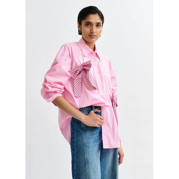 white and green striped oversized cotton shirt with tie bows - Essentiel Antwerp Shirts - Colorful Belgian Design - Shop at Luxury Shoes 