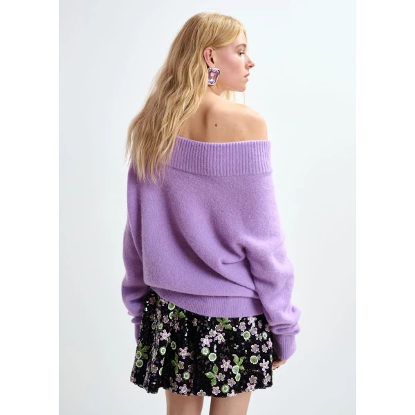 Essentiel Antwerp Purple alpaca wool-blend off-shoulder knit sweater - Essentiel Antwerp Knitwear - Colorful Belgian Design - Shop at Luxury Shoes 