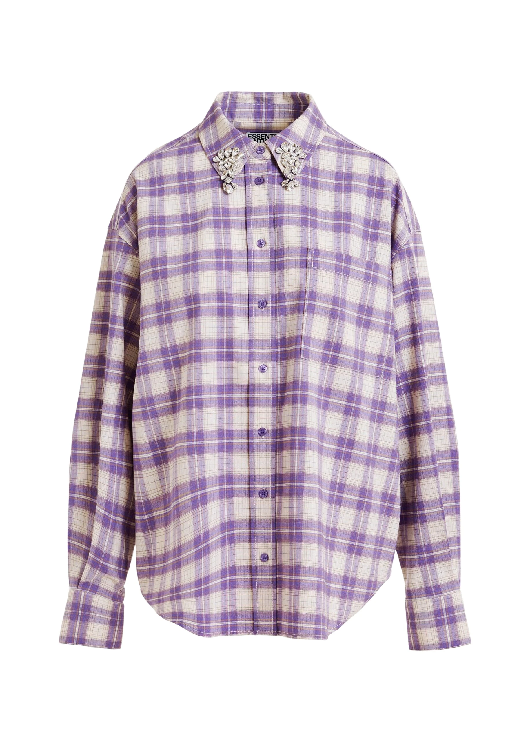 Purple-and-beige-checked-flannel-shirt-with-rhinestone-embellished-collar-Essentiel-Antwerp-Shirts-scaled15641_nobg Essentiel Antwerp Purple and beige checked flannel shirt with rhinestone-embellished collar - Essentiel Antwerp Shirts - Colorful Belgian Design - Shop at Luxury Shoes