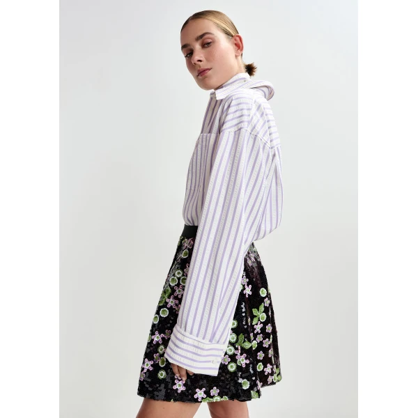 Essentiel Antwerp Purple and off-white oversized shirt with rhinestone embellishments and layered bib - Essentiel Antwerp Shirts - Colorful Belgian Design - Shop at Luxury Shoes 
