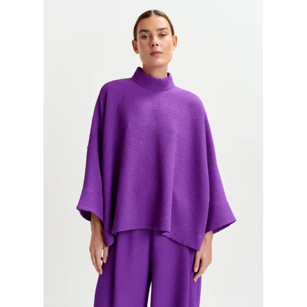Essentiel Antwerp Purple oversized top with stand-up collar - Essentiel Antwerp Tops - Colorful Belgian Design - Shop at Luxury Shoes 