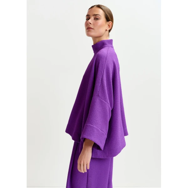 Essentiel Antwerp Purple oversized top with stand-up collar - Essentiel Antwerp Tops - Colorful Belgian Design - Shop at Luxury Shoes 