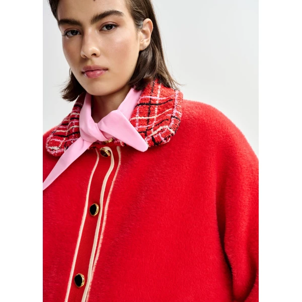 Essentiel Antwerp Red and off-white textured cardigan with contrast pink and black tweed collar and patch pockets - Essentiel Antwerp Knitwear - Colorful Belgian Design - Shop at Luxury Shoes 
