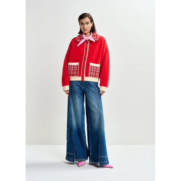 Essentiel Antwerp Red and off-white textured cardigan with contrast pink and black tweed collar and patch pockets - Essentiel Antwerp Knitwear - Colorful Belgian Design - Shop at Luxury Shoes 