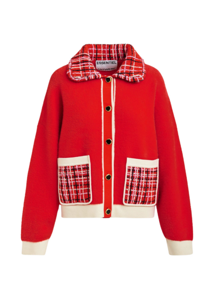 Essentiel Antwerp Red and off-white textured cardigan with contrast pink and black tweed collar and patch pockets - Essentiel Antwerp Knitwear - Colorful Belgian Design - Shop at Luxury Shoes 