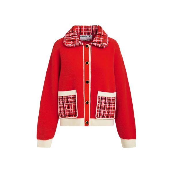 Essentiel Antwerp Red and off-white textured cardigan with contrast pink and black tweed collar and patch pockets - Essentiel Antwerp Knitwear - Colorful Belgian Design - Shop at Luxury Shoes 