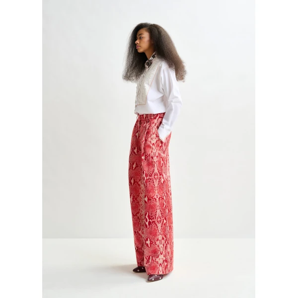 Essentiel Antwerp Red and orange snakeprint wide-leg pants - Essentiel Antwerp Pants - Colorful Belgian Design - Shop at Luxury Shoes 