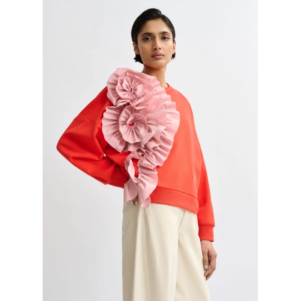 Essentiel Antwerp Red cotton-blend sweatshirt with ruffle details - Essentiel Antwerp Shirts - Colorful Belgian Design - Shop at Luxury Shoes 