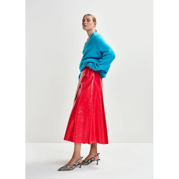 Essentiel Antwerp Red faux leather midi skirt - Essentiel Antwerp Skirts - Colorful Belgian Design - Shop at Luxury Shoes 