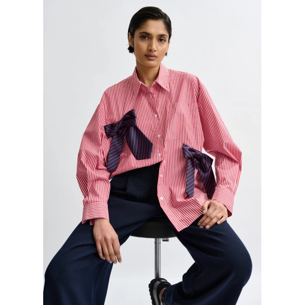 white and navy striped oversized cotton shirt with tie bows - Essentiel Antwerp Shirts - Colorful Belgian Design - Shop at Luxury Shoes 