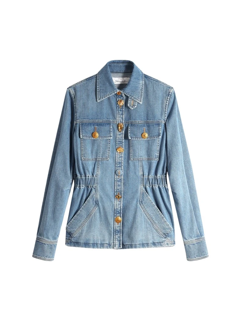 Schiaparelli-Smocked-Safari-Denim-Shirt32066_nobg Schiaparelli Smocked Safari Denim Shirt Tops in Schiaparelli Authentic Luxury Fashion at Luxury Shoes