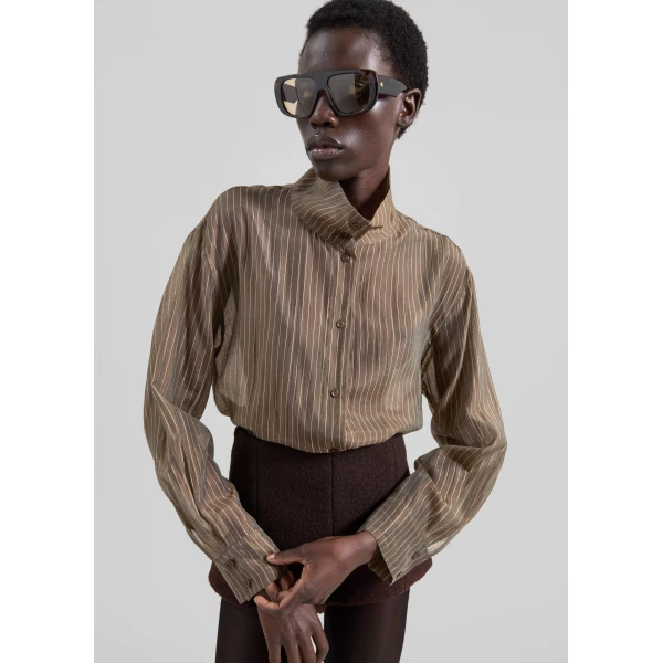 The Frankie Shop Avila Sheer Fluid Shirt - Brown/White Stripe - Oversized Minimalist Tops in Brown - Shop at Luxury Shoes 