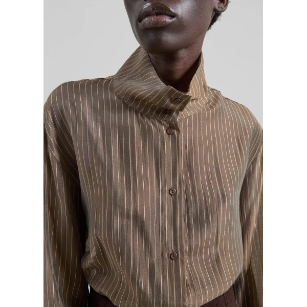 The Frankie Shop Avila Sheer Fluid Shirt - Brown/White Stripe - Oversized Minimalist Tops in Brown - Shop at Luxury Shoes 