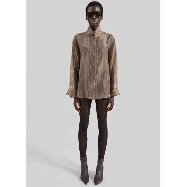 The Frankie Shop Avila Sheer Fluid Shirt - Brown/White Stripe - Oversized Minimalist Tops in Brown - Shop at Luxury Shoes 