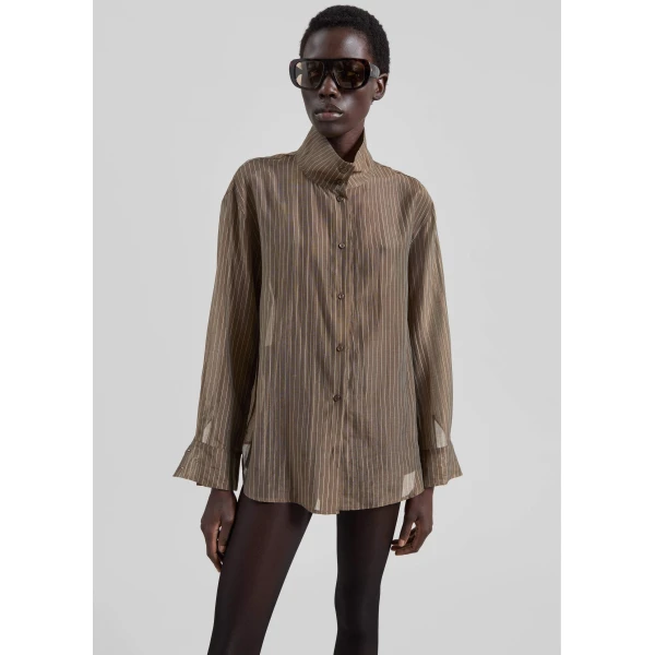 The Frankie Shop Avila Sheer Fluid Shirt - Brown/White Stripe - Oversized Minimalist Tops in Brown - Shop at Luxury Shoes 