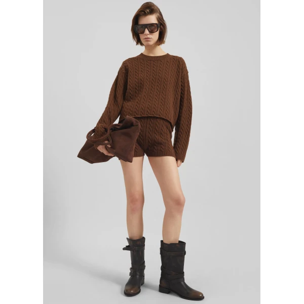 The Frankie Shop Brisbane Knit Mini Shorts - Brown - Oversized Minimalist Shorts in Brown - Shop at Luxury Shoes 