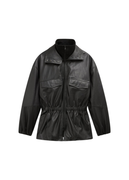 The Frankie Shop Carnaby Funnel Neck Leather Jacket - Black - Oversized Minimalist Jackets in Black - Shop at Luxury Shoes 