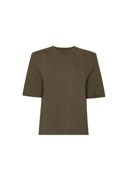 The Frankie Shop Carrington Padded Shoulder Tee - Olive - Oversized Minimalist Tops in Green - Shop at Luxury Shoes 