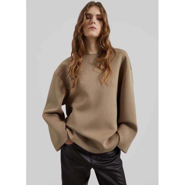 The Frankie Shop Delancey Long Sleeve Neoprene Top - Camel - Oversized Minimalist Tops in Brown - Shop at Luxury Shoes 