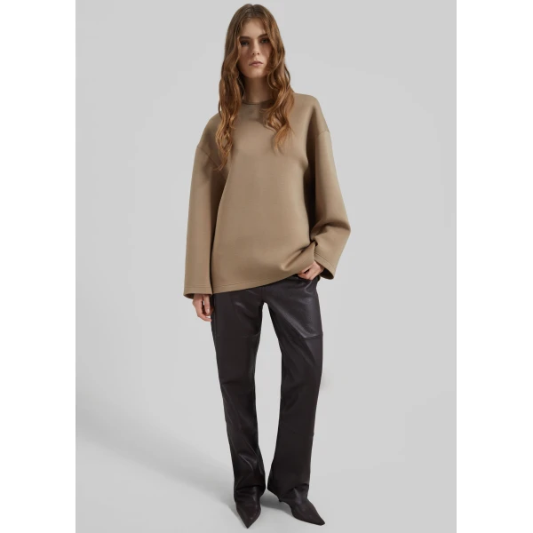 The Frankie Shop Delancey Long Sleeve Neoprene Top - Camel - Oversized Minimalist Tops in Brown - Shop at Luxury Shoes 