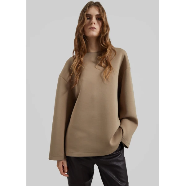 The Frankie Shop Delancey Long Sleeve Neoprene Top - Camel - Oversized Minimalist Tops in Brown - Shop at Luxury Shoes 