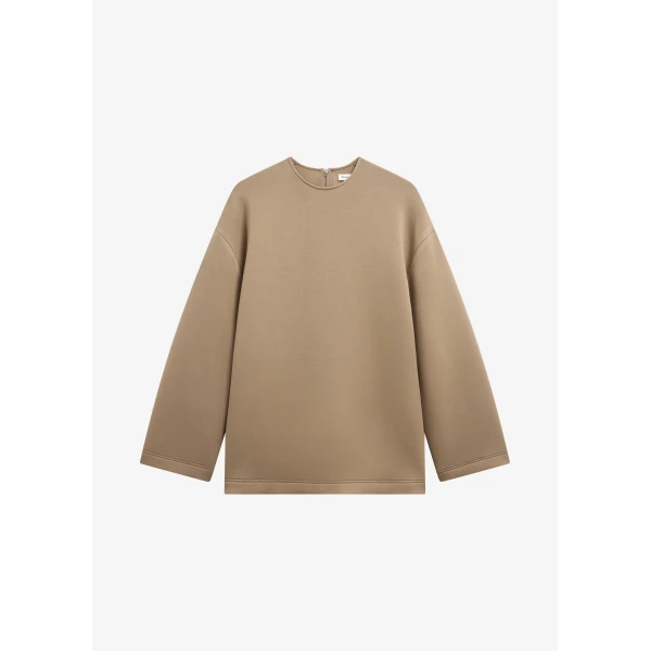 The Frankie Shop Delancey Long Sleeve Neoprene Top - Camel - Oversized Minimalist Tops in Brown - Shop at Luxury Shoes 