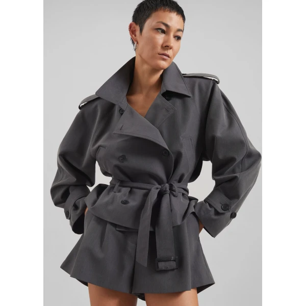 The Frankie Shop Kinsley Cropped Trench Jacket - Grey - Oversized Minimalist Jackets in Grey - Shop at Luxury Shoes 